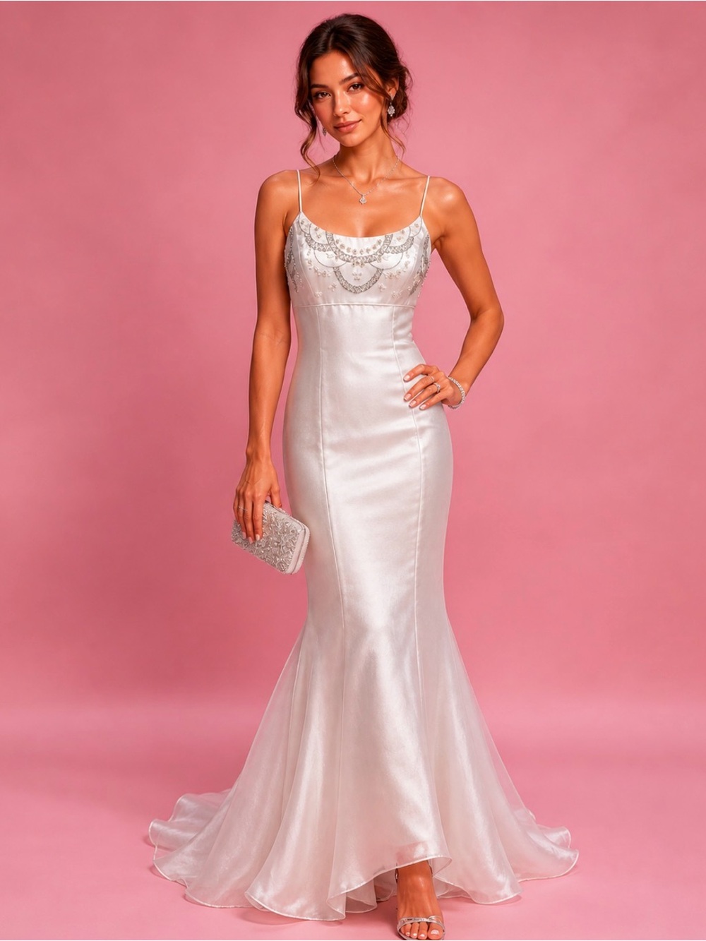Faviana White Beaded Evening Gown
